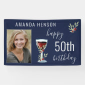 Red Wine Roos Waterverf Blue Photo 50th Birthday Spandoek (Horizontaal)