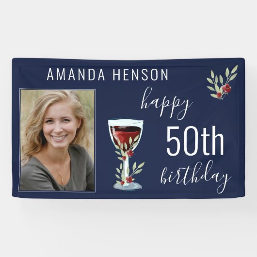 Red Wine Roos Waterverf Blue Photo 50th Birthday Spandoek (Horizontaal)