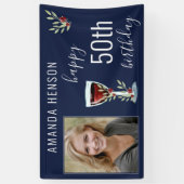 Red Wine Roos Waterverf Blue Photo 50th Birthday Spandoek (Verticaal)