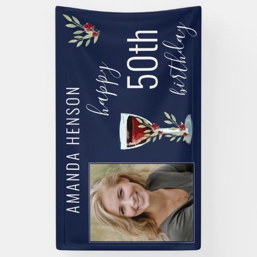 Red Wine Roos Waterverf Blue Photo 50th Birthday Spandoek (Verticaal)