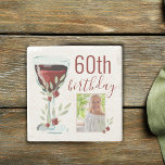 Red Wine Rose Watercolor Photo 60th Birthday  Stenen Onderzetter<br><div class="desc">Rustic Red Wine Glass Rose Watercolor Photo 60th Birthday Stone Coaster. The design has watercolor red wine glass,  roses and twigs. The text is fully customizable - personalize it with your photo and age.</div>