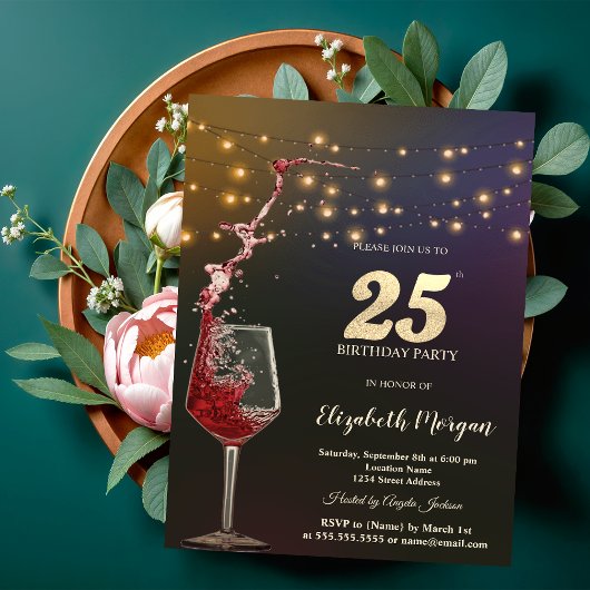 Red Wine String Lights 25th Birthday Party Kaart
