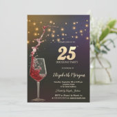 Red Wine String Lights 25th Birthday Party Kaart (Staand voorkant)