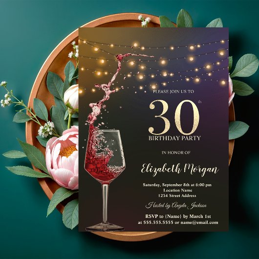 Red Wine String Lights 30th Birthday Party Kaart