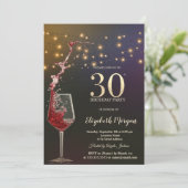 Red Wine String Lights 30th Birthday Party Kaart (Staand voorkant)