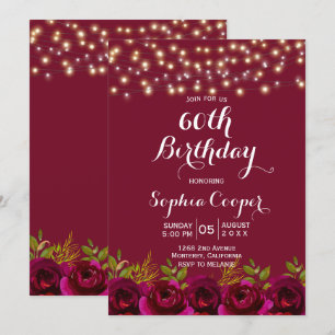 Red Wine String Lights 60th Birthday Party Kaart
