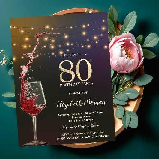 Red Wine String Lights 80th Birthday Party Kaart