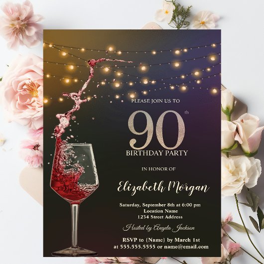 Red Wine String Lights 90th Birthday Party Kaart