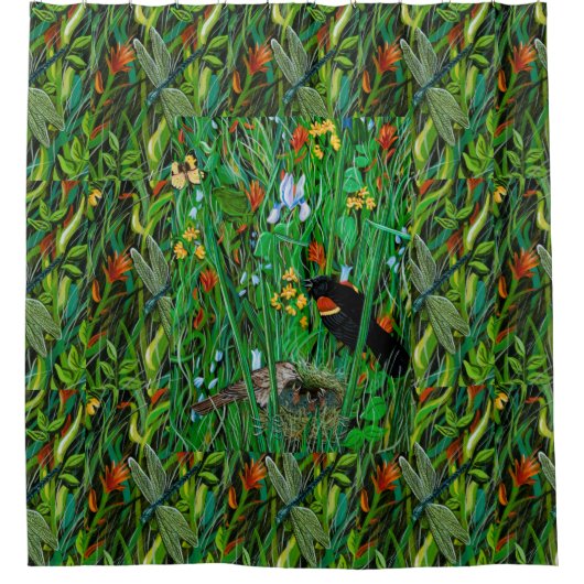 "Red Wing Blackbird & Dragonfly" Douchegordijn (Voorkant)