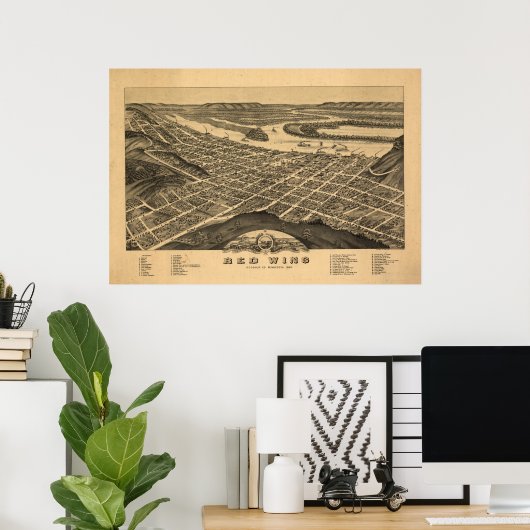 Red Wing Minnesota 1880 Antiek Panorama Map Poster (Thuiskantoor)