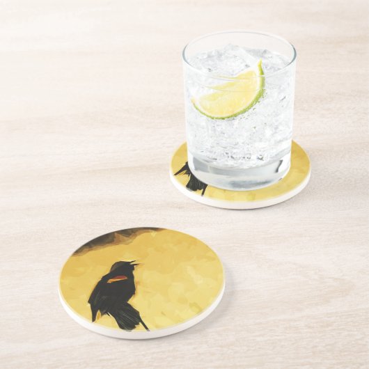 Red-Winged Blackbird Singing Abstract Zandsteen Onderzetter (Zijkant)