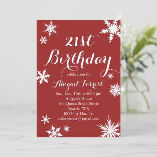 Red Winter 21st Birthday Invitation Kaart (Staand voorkant)
