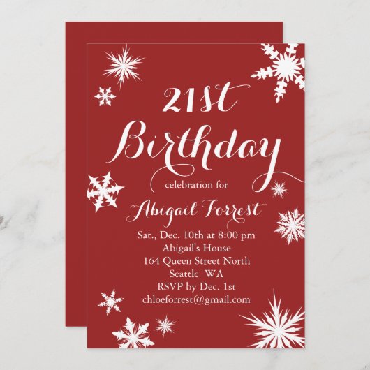 Red Winter 21st Birthday Invitation Kaart (Voorkant / Achterkant)