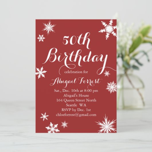 Red Winter 50th Birthday Invitation Kaart (Staand voorkant)