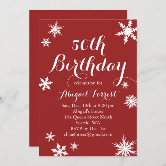Red Winter 50th Birthday Invitation Kaart (Voorkant / Achterkant)