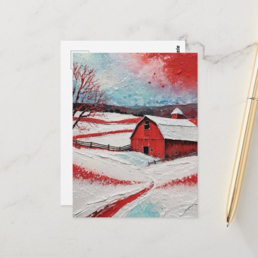 Red winter barn briefkaart (Voorkant / Achterkant in situ)