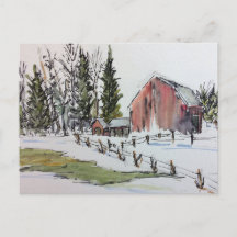 Red Winter Barn Briefkaart besneeuwd landschap