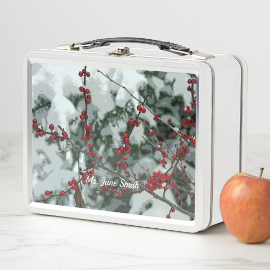 Red Winter Berries Holiday Metal Lunchbox (In situ)
