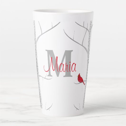 Red Winter Bird Woodland Tree Rustic Monogram Latte Mok (Voorkant)