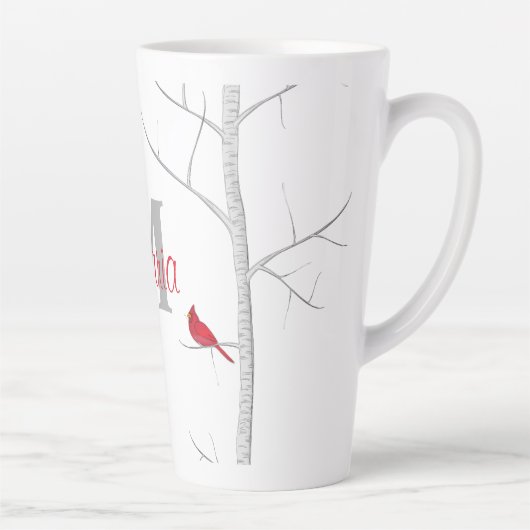 Red Winter Bird Woodland Tree Rustic Monogram Latte Mok (Rechts)