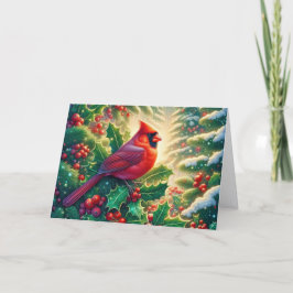 Red Winter Cardinal in Holly Feestdagen Kaart
