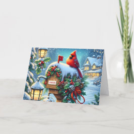 Red Winter Cardinal on Mailbox Christmas Feestdagen Kaart