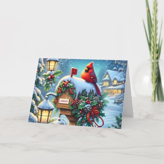Red Winter Cardinal on Mailbox Christmas Feestdagen Kaart (Voorkant)