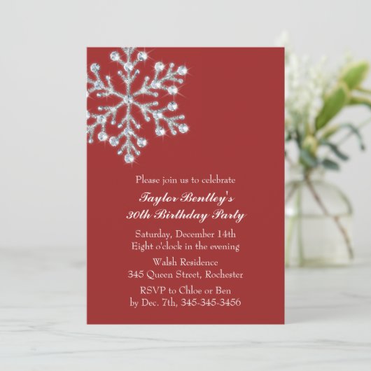 Red Winter Crystal Sweet Birthday Party Invitation Kaart (Staand voorkant)