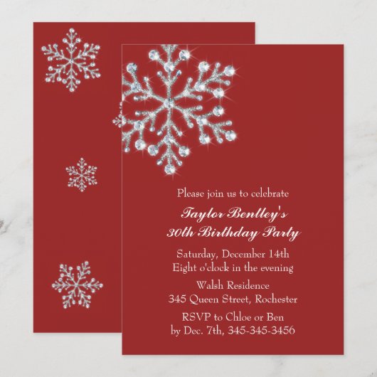 Red Winter Crystal Sweet Birthday Party Invitation Kaart (Voorkant / Achterkant)