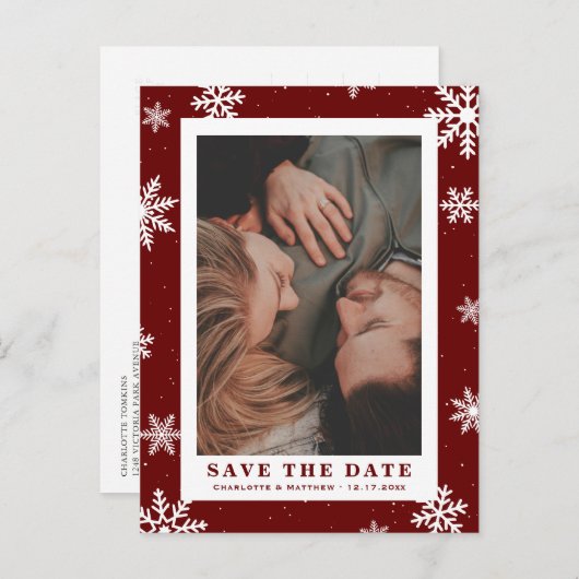 Red Winter Holiday Weddenschap Save the Date Photo Aankondigingskaart (Voorkant / Achterkant)