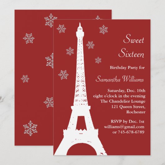 Red Winter in Paris Birthday Invite Kaart (Voorkant / Achterkant)