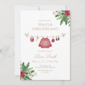 Red Winter Onederland First Birthday Invitation Bedankkaart (Voorkant)