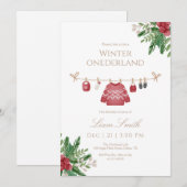 Red Winter Onederland First Birthday Invitation Bedankkaart (Voorkant / Achterkant)
