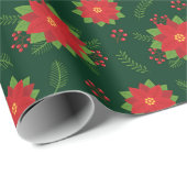  Red Winter Poinsettia over groen patroon Cadeaupapier (Rol Hoek)