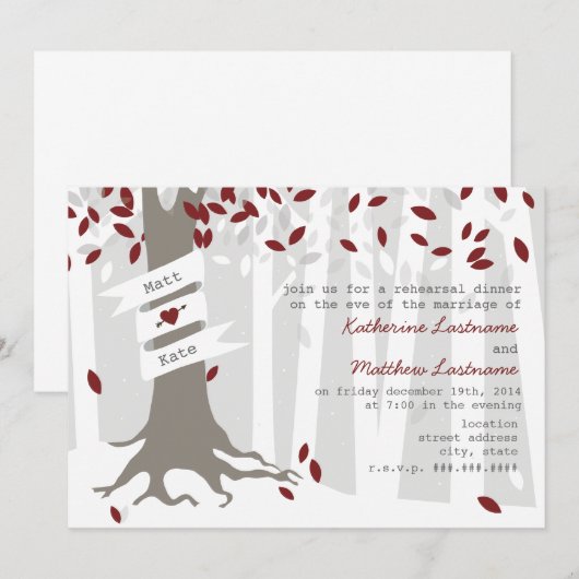 Red Winter Rehearsal Dinner Forest Snow Invitation Kaart (Voorkant / Achterkant)