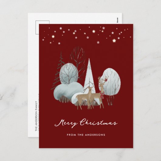 Red Winter Scene Stars Forest Deer Kerstmis Feestdagenkaart (Voorkant / Achterkant)