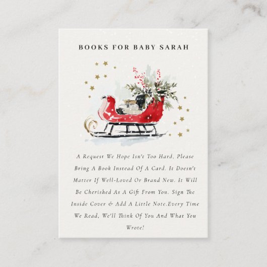 Red Winter Sleigh Books For Baby Baby Shower Informatiekaartje (Voorkant)