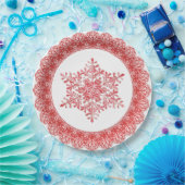 Red Winter Snowflake Lace Edge Papieren Bordje (Feest)