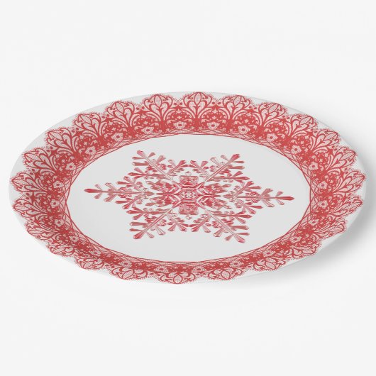 Red Winter Snowflake Lace Edge Papieren Bordje (Gekanteld)