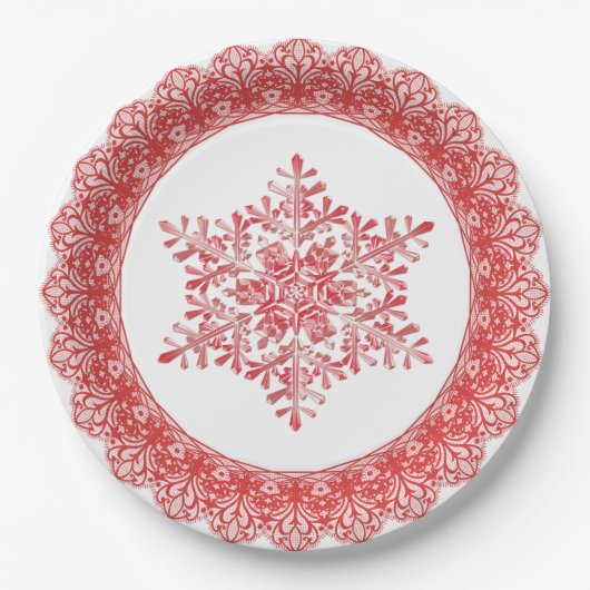 Red Winter Snowflake Lace Edge Papieren Bordje (Voorkant)