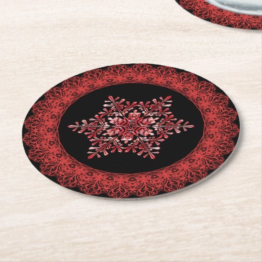 Red Winter Snowflake Lace Edge Ronde Kartonnen Onderzetter (Gebogen)