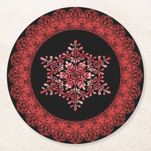 Red Winter Snowflake Lace Edge Ronde Kartonnen Onderzetter (Voorkant)