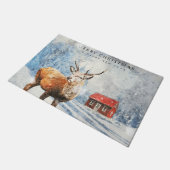 Red Winter Woodland Cabin w/Deer Merry Kerstmis Deurmat (Schuin)