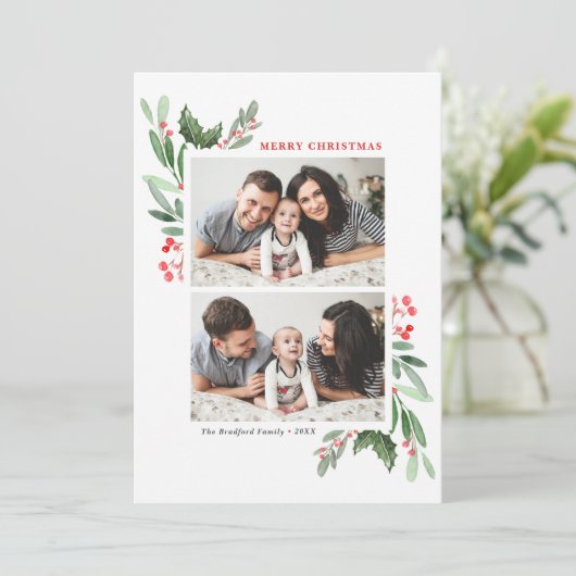 Red Winterberry en Holly Two Foto van Kerstmis Feestdagenkaart (Staand voorkant)