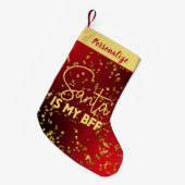 Red with Gold Glitter Santa Is My BFF Personalized Kleine Kerstsok (Voorkant (Hangend))