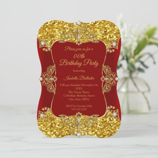 Red Women Birthday Gold Glitter Diamond Kaart (Staand voorkant)