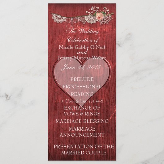 Red Wood Heart Rustic Wedding Programme Programmakaart (Voorkant)