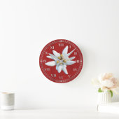 Red Wood Look with White Edelweiss Bloom Ronde Klok (Huis)