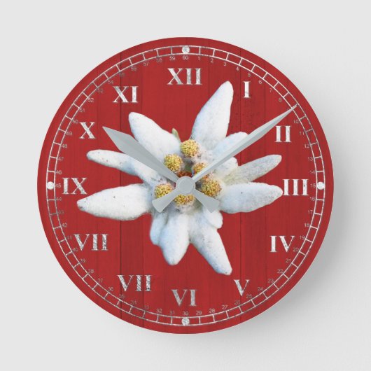 Red Wood Look with White Edelweiss Bloom Ronde Klok (Voorkant)