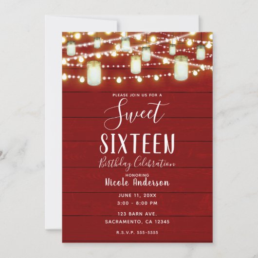 Red Wood & String Lights Land Rustic Sweet 16 Kaart (Voorkant)